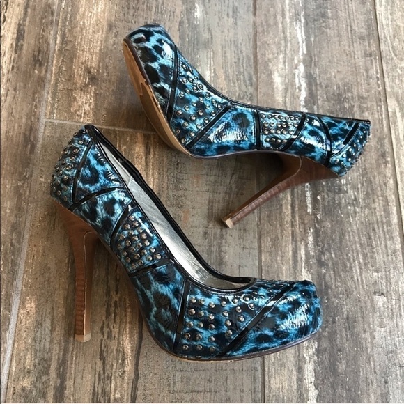 Naughty Monkey electric blue studded leopard print heels size 7 - Picture 1 of 8